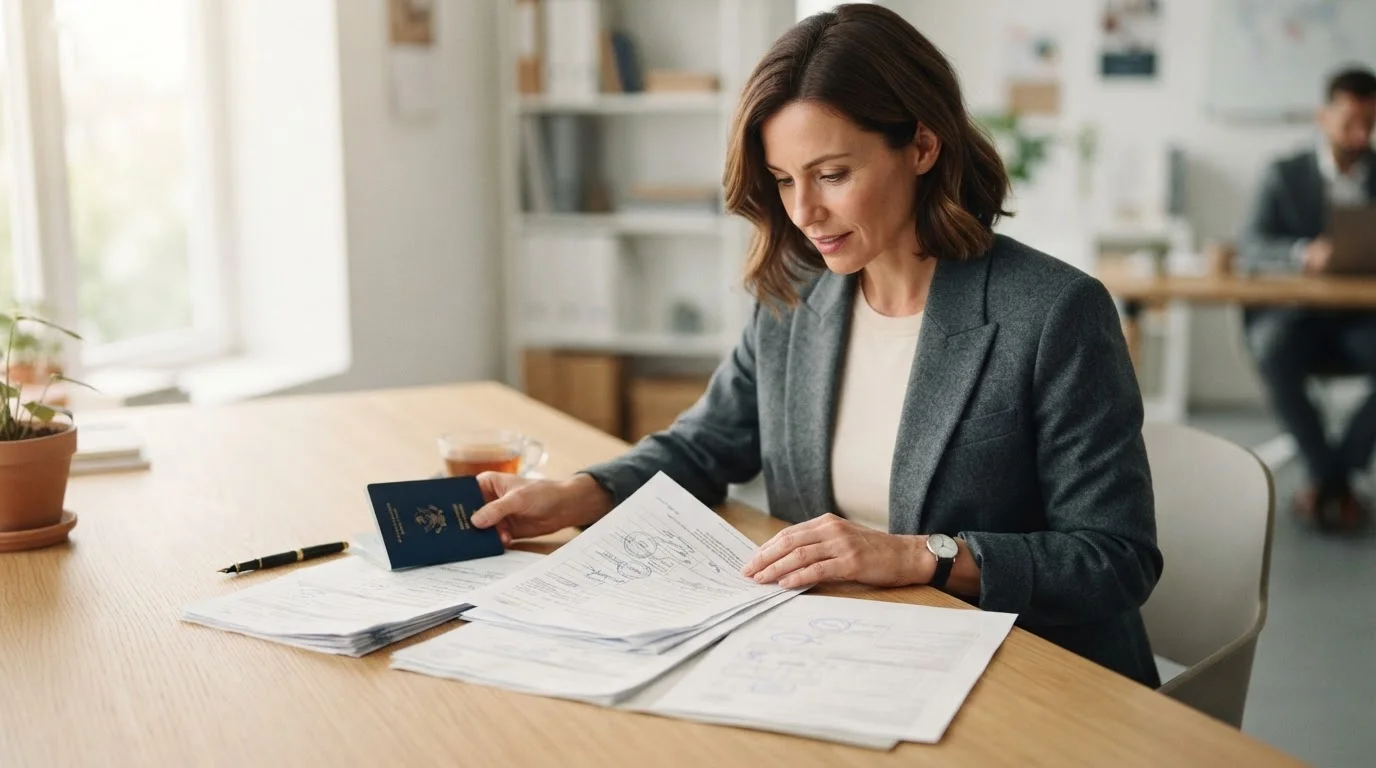 a modern professional reviewing official visa documents and a passport on a minimalist wooden desk with soft natural window lighting