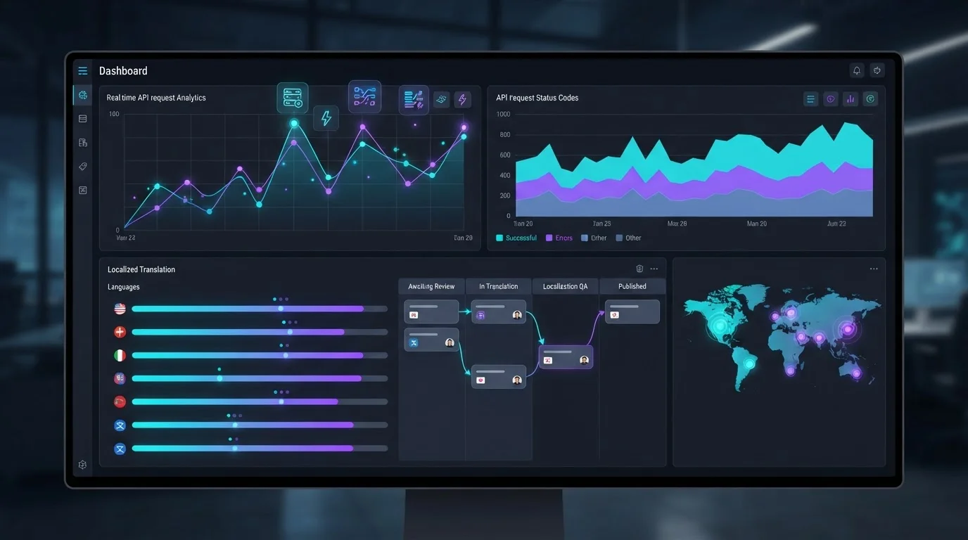 a modern dashboard showing real-time API request analytics and localized translation workflows