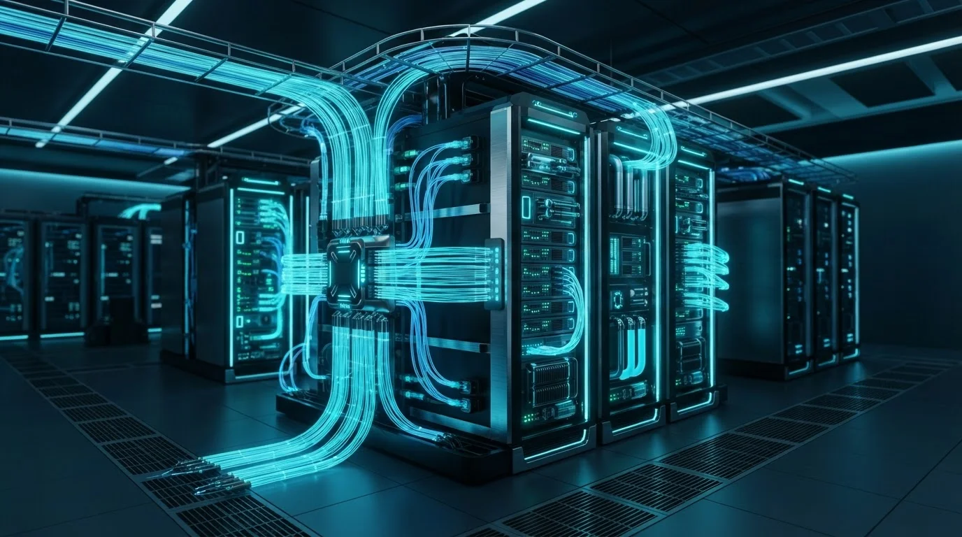 a high-tech data infrastructure server node emitting cyan lighting with fiber optic cables