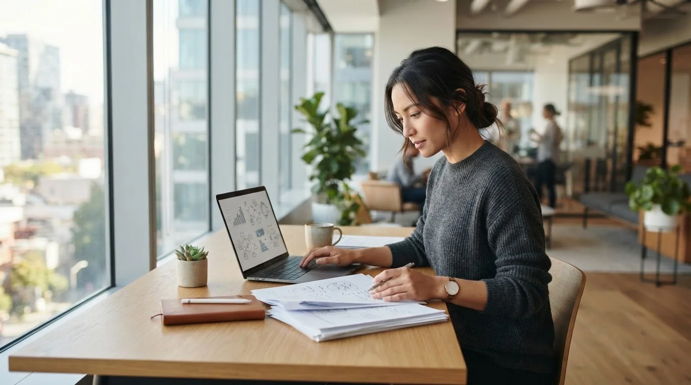 a professional reviewing documents and working on a laptop in a bright modern office with natural window light