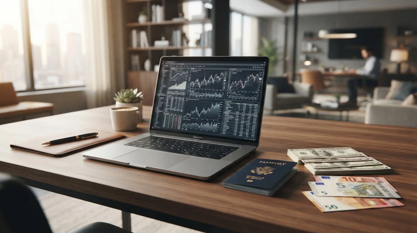 a professional desk setup featuring a laptop displaying financial planning spreadsheets next to a US passport