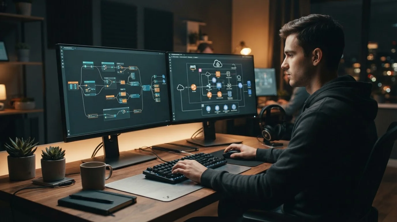 a modern cloud developer workstation displaying code pipelines and system architecture diagrams on dark screens