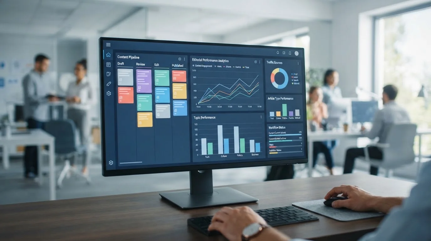 an editorial content management dashboard showing draft review stages and performance analytics