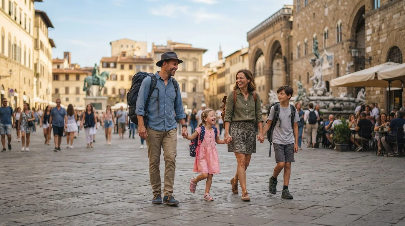 an American family walking through a historic sunny European city plaza with backpacks