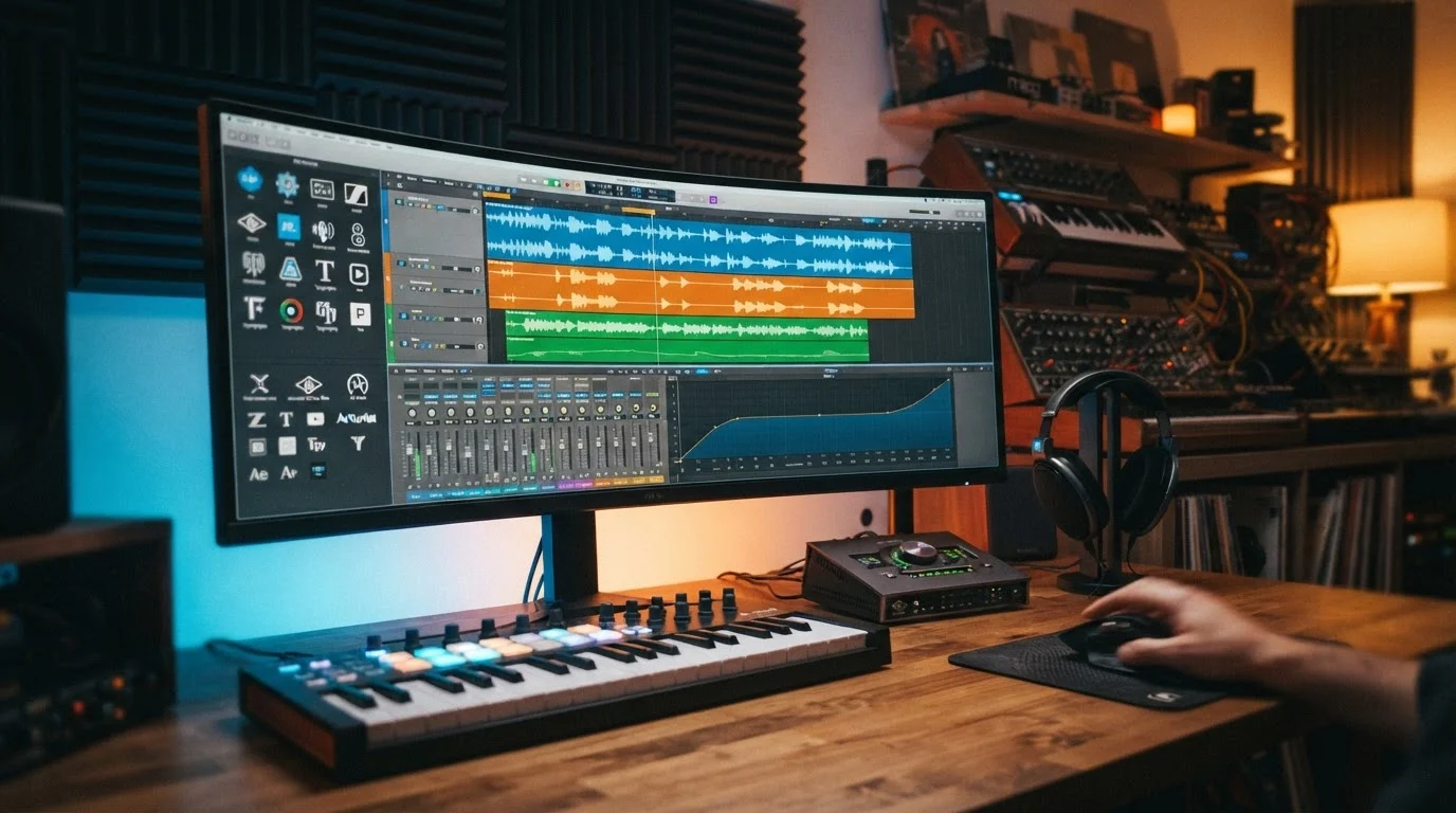 a modern digital audio workstation software interface on a desktop screen in a warm creator studio setting