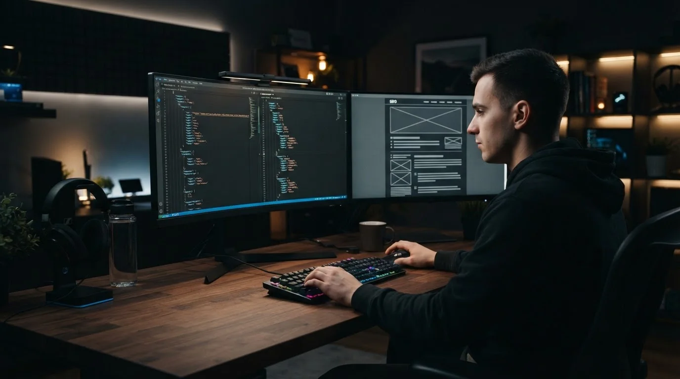 a developer working at a dark-themed setup with JSON code schemas displayed on one monitor and a rendered SEO blog article structure on the second screen