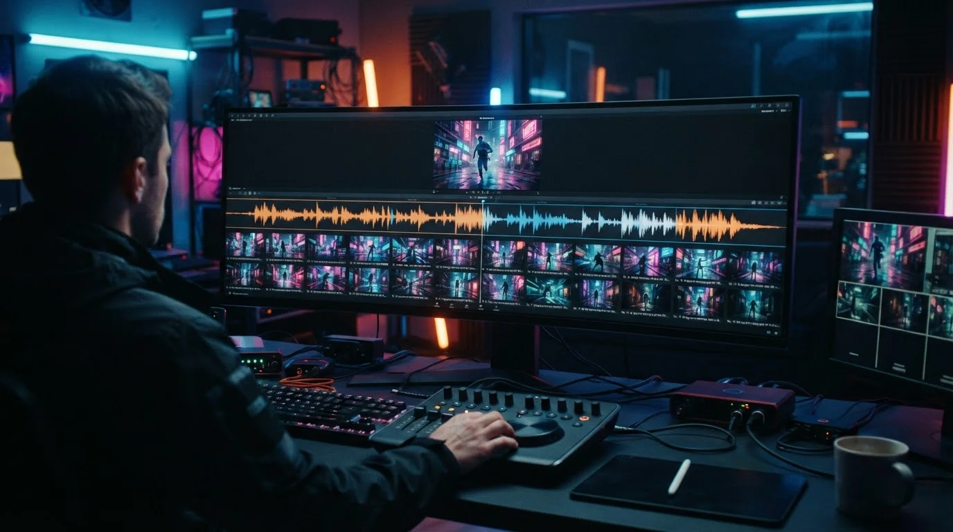 a digital director workstation interface showing AI storyboard frames synced to an audio waveform timeline