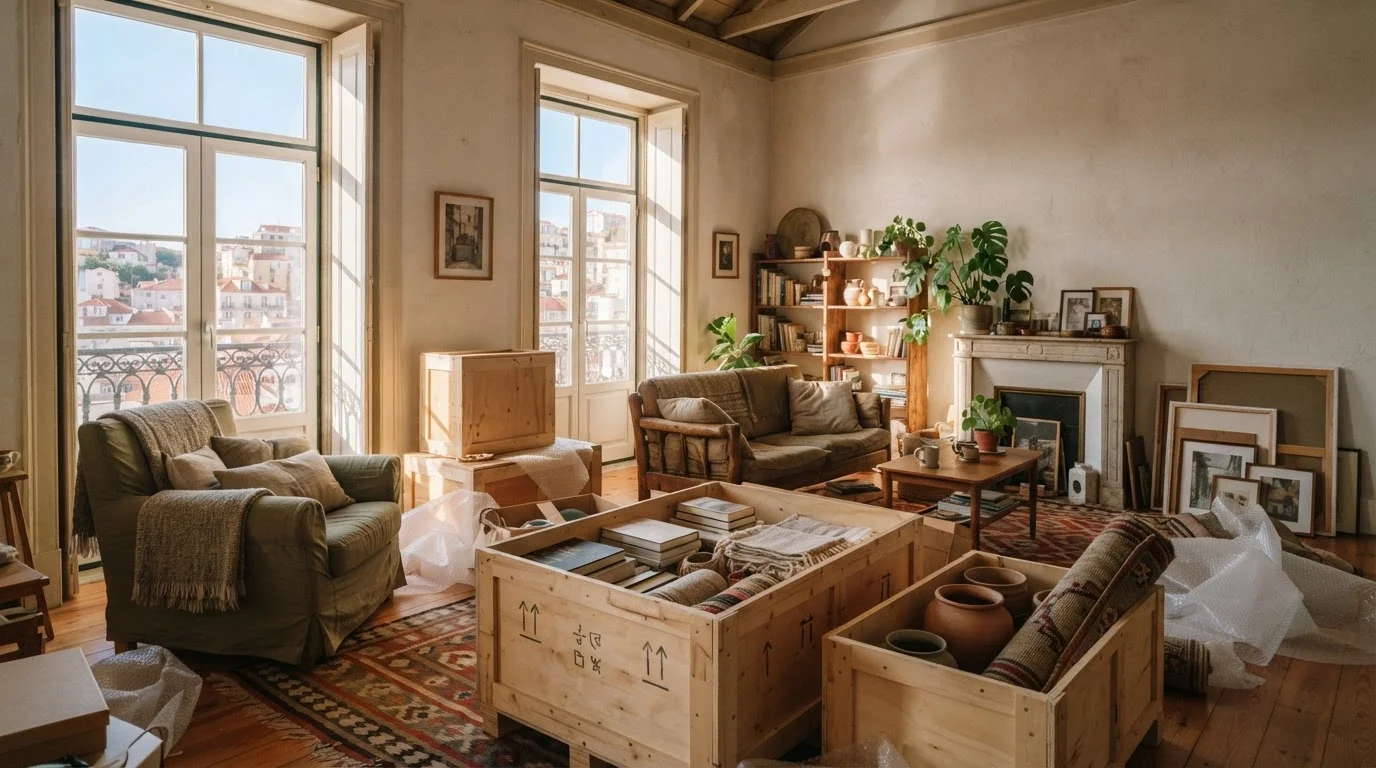 a cozy sunlit apartment living room in Lisbon filled with partially unpacked wooden shipping crates