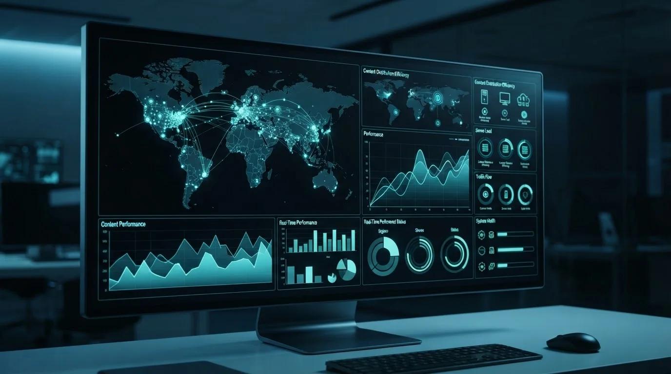 a clean modern dashboard monitor displaying automated content performance metrics and global network nodes
